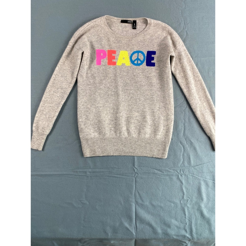 AQUA Cashmere Sweater XS Gray 100% Cashmere Peace Rainbow Crewneck Luxury